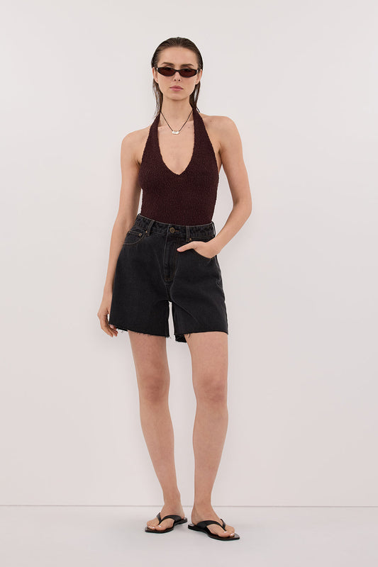 DINA CHOC SLEEVELESS HALTER KNIT TOP