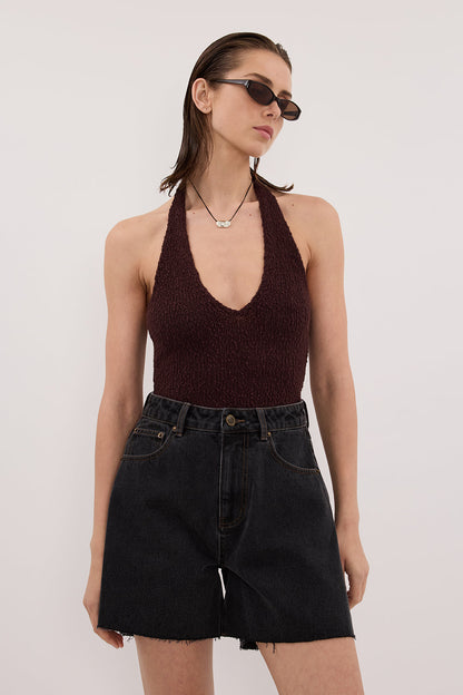 DINA CHOC SLEEVELESS HALTER KNIT TOP