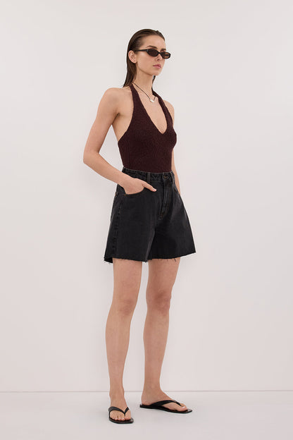 DINA CHOC SLEEVELESS HALTER KNIT TOP