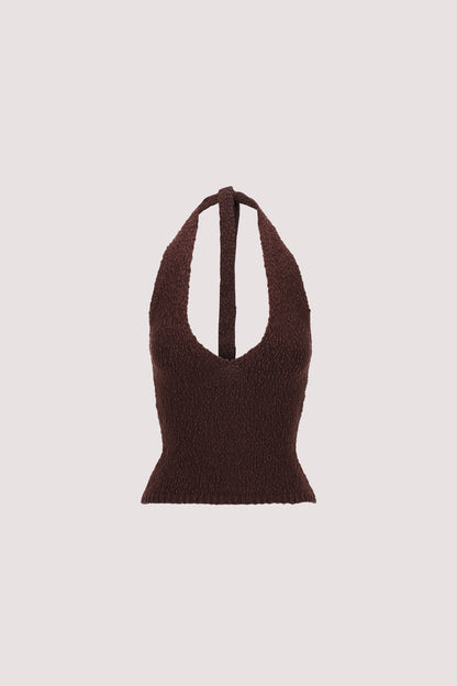 DINA CHOC SLEEVELESS HALTER KNIT TOP