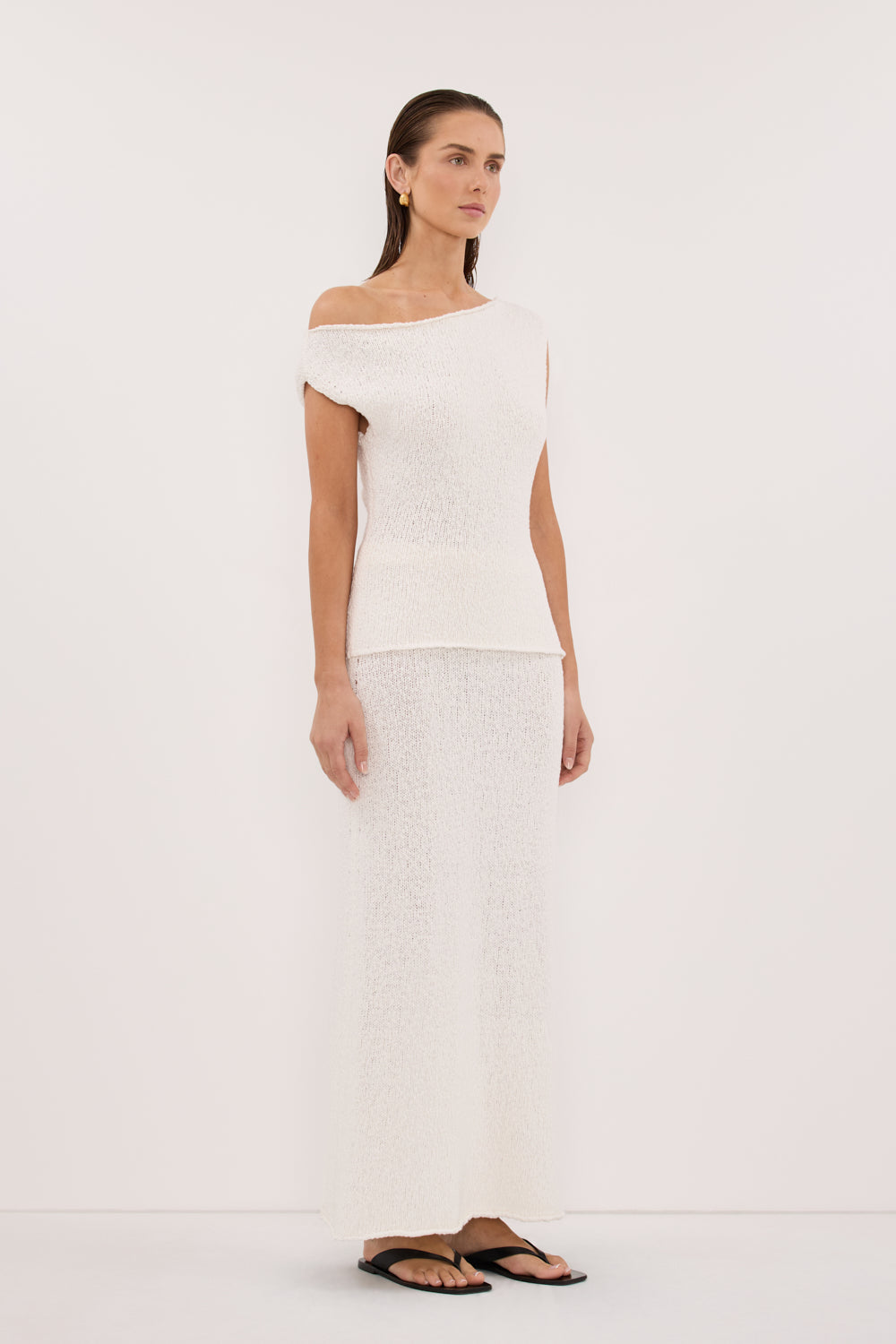 DINA OFF WHITE COTTON ASYM KNIT TOP