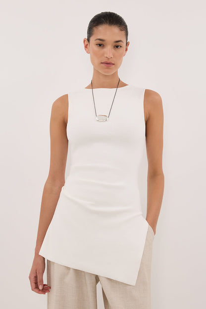 CLEO WHITE SLEEVELESS LONGLINE KNIT TOP 
